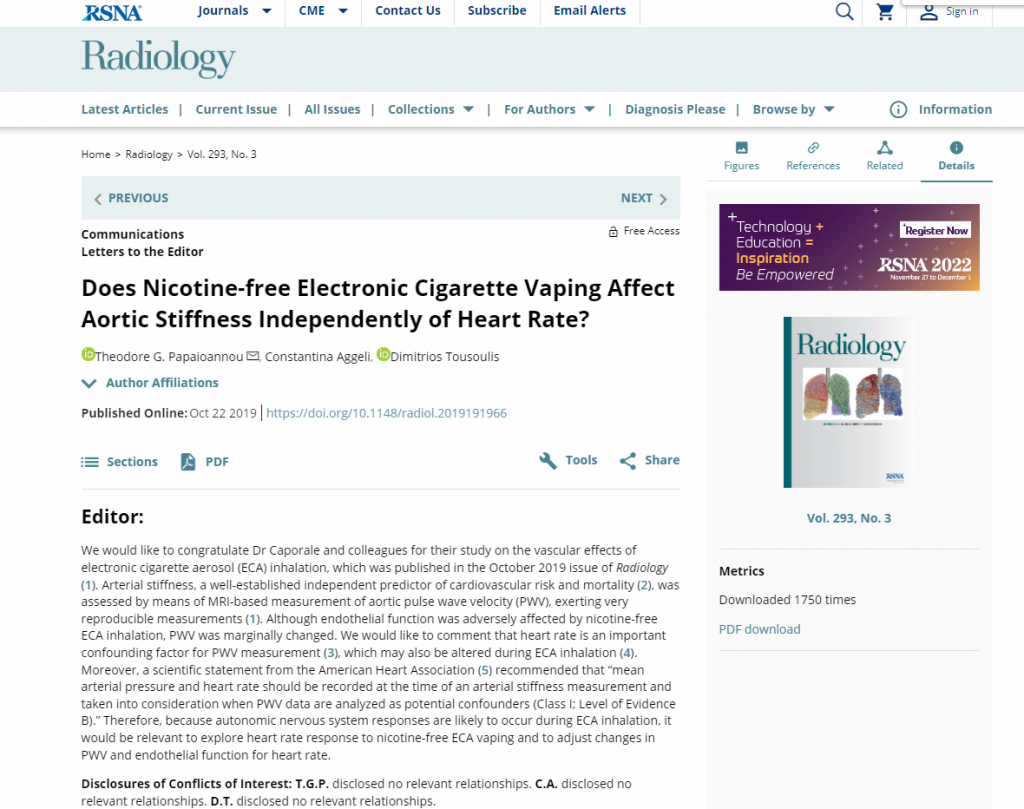 research about whether nicotine free vape affects blood pressure